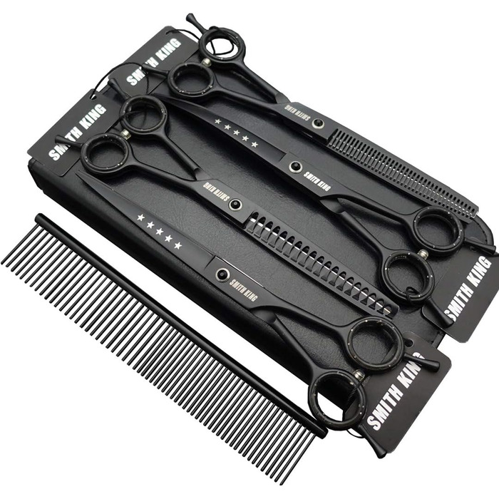 Набір професійних ножиць для грумінгу собак 7,0 дюймів (4 предмети) - прямі, для розрідження, вигнуті, для чухання, гребінець, для правші та лівші