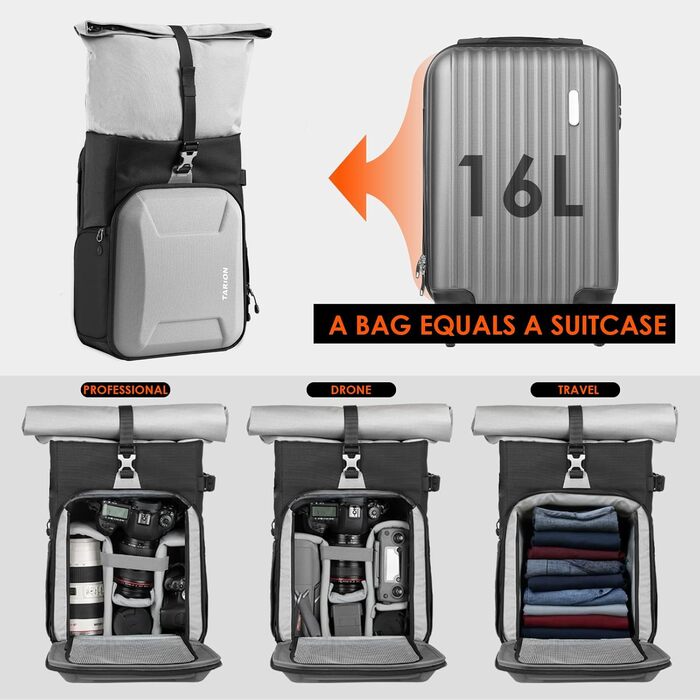 Рюкзак для камери Tarion Rolltop: професійний фоторюкзак з жорсткою оболонкою, відділенням для 16-дюймового ноутбука, сумісний з DSLR/SLR камерами, об'єктивами та штативом (сірий)