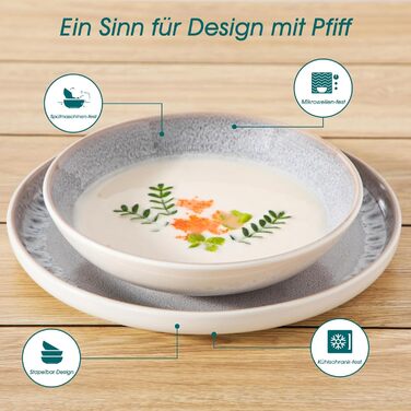 Набір посуду на 6 осіб vancasso SNOW, 24 елементи: тарілки, супові тарілки, миски, салатники, бежевий, для посудомийної машини, для мікрохвильової печі