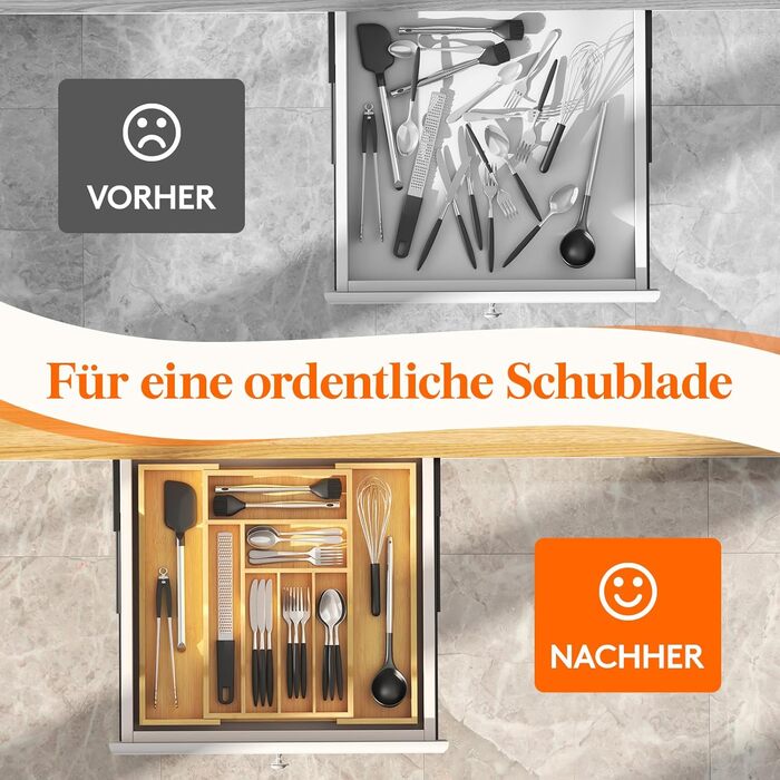 Органайзер для столових приборів Lifewit в шухляду, бамбуковий, 47 см (29-50 см)
