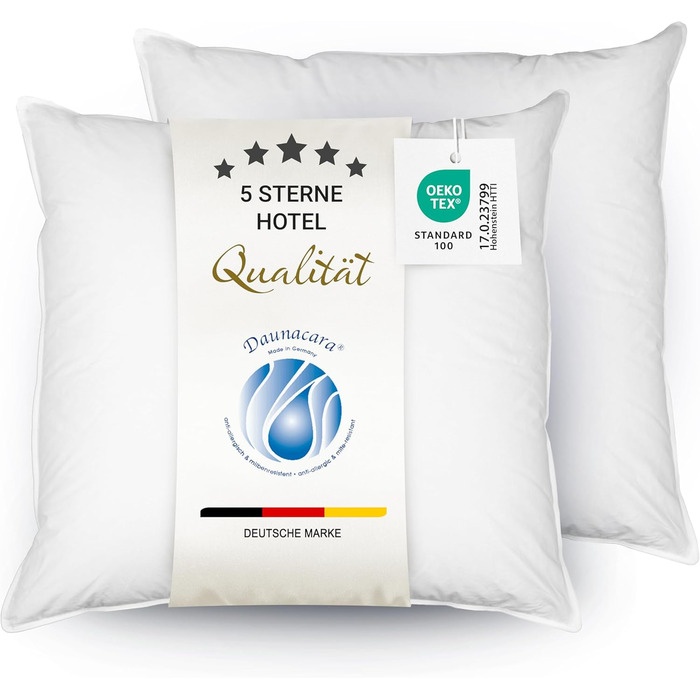 ZOLLNER 2-Pack Deluxe Down Pillow Set - Made in Germany – Suitable for Allergy Sufferers – Cover made of high-quality Mako cotton - washable up to 60°C - 80x80 cm - Hotel quality 80 x 80 cm 2-pack