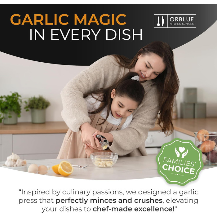 ORBLUE Прес для часнику з нержавіючої сталі – преміум-якісний подрібнювач, набір для чищення та подрібнення часнику, легко миється, безпечний для мийки, чорний