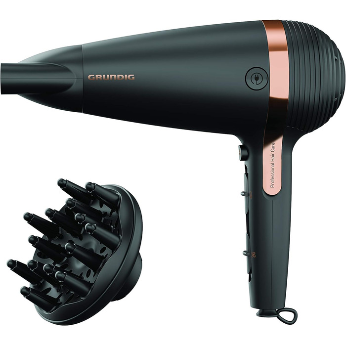 Фен GRUNDIG Naturashine HD 7081 з іонізацією, керамічним захистом, Cool Touch насадкою, 2100 Вт, 3 температурні та 2 режими повітряного потоку, холодна функція, знімний кабель, чорний / рожеве золото