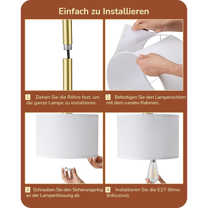 Стійка лампа EDISHINE для вітальні 160 см, аркова лампа сучасного дизайну з регульованим бежевим абажуром з льону, LED E27 лампочка в комплекті, настільна лампа для спальні, дитячої кімнати (Золота)