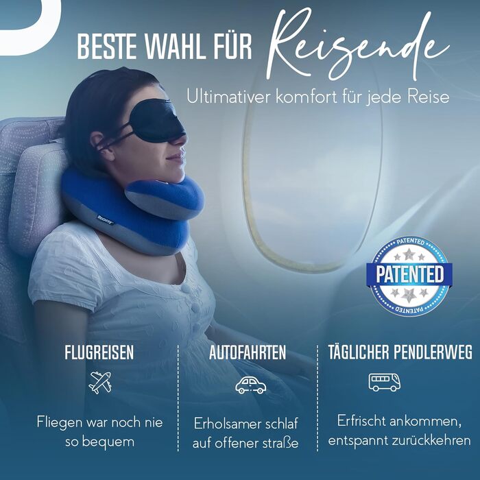 BCOZZY Neck Pillow for Airplane – Patented Travel Pillow with Double Support for Head, Neck, and Chin. Ideal for Long Flights and Car Rides. Adjustable. Washable. Carrying Bag. Large, Blue