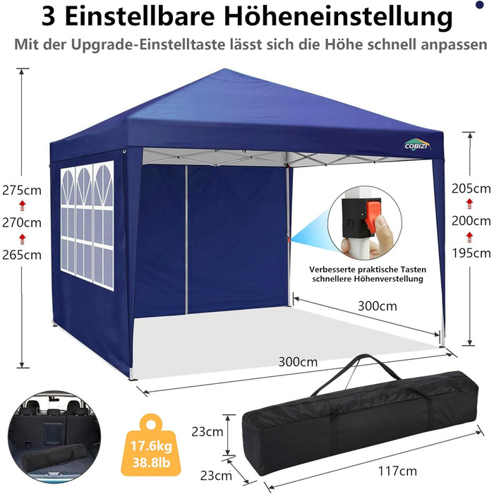 COBIZI Pavilion 3x3 Waterproof Folding Pavilion with 4 Side Panels Outdoor Folding Pavilion Stable UV Protection 50+ Pop-Up Garden Pavilion Party Tent for Outdoors, Garden, Party, Wedding, Market (3x3m Navy Blue)