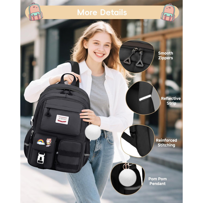 Шкільний рюкзак Tanou для дівчаток-підлітків, 9-16 років. Великий, водонепроникний, з брелоком (чорний)