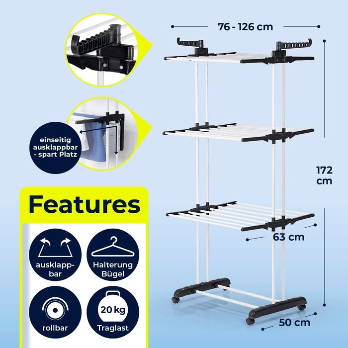 Складаний сушильний стійка EASYmaxx з 3 рівнями, чорний/білий | Компактна, мобільна сушарка для одягу в приміщенні та на вулиці
