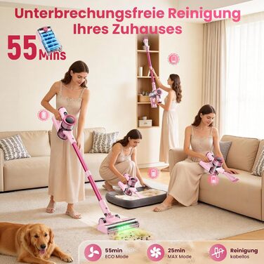 Бездротовий пилосос Dzaki 50000Pa з акумулятором, дисплеєм, функцією паркування та насадкою Anti-Tangle для килимів, твердих поверхонь, шерсті тварин та авто (помаранчево-рожевий)