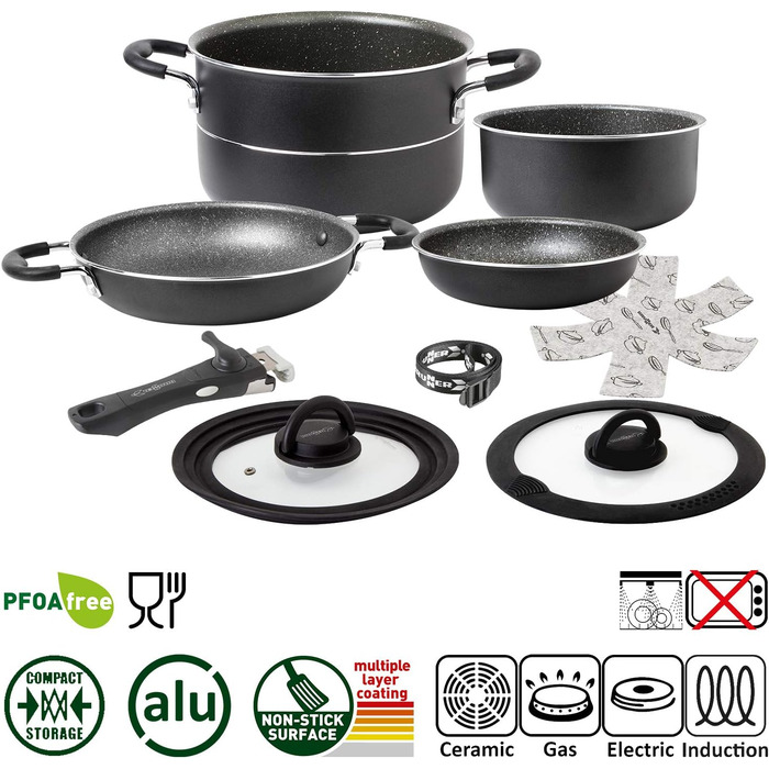 Набір посуду для кемпінгу BRUNNER Alu (каструлі та сковорідки) - 7+1, Vakublock, для 4 осіб, з антипригарним покриттям, легкий, високоякісний, складаний, діаметр 22 см