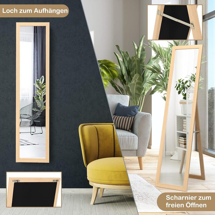 RELAX4LIFE Full-Body Mirror 2 in 1, Standing Mirror & Wall Mirror, Country-Style Wardrobe Mirror, Mirror with Wooden Frame, Adjustable & Freestanding, for Bedroom & Living Room & Business (Natural)