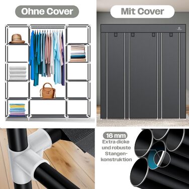 KESSER® Wardrobe Fabric Closet, Stable with Clothes Rail & Shelves, Incl. 5x Clothes Hangers, Fabric Folding Closet for Bedroom, Dressing Room Wardrobe with Clothes Rack 150x45x175cm Anthracite