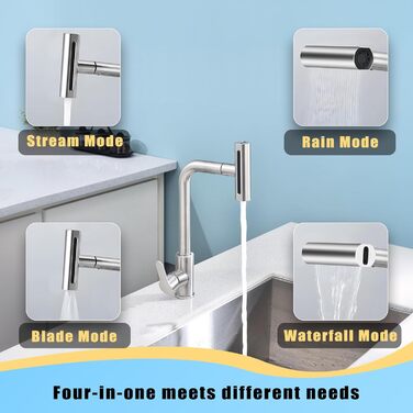 Кухонний змішувач водоспадом Ruimooto з 4 режимами, нержавіюча сталь, 360° обертання, високий тиск