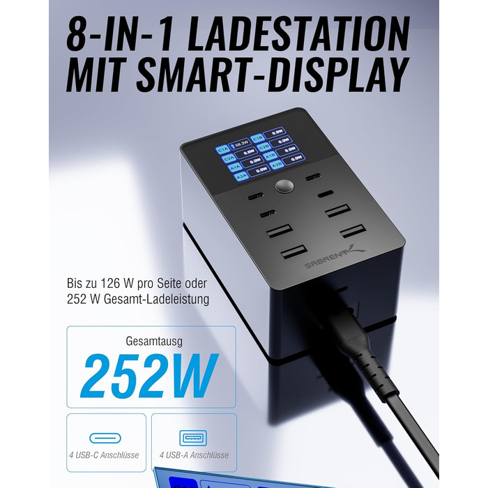 Зарядний пристрій Sabrent USB 60W, 10 портів, швидка зарядка для MacBook, ноутбуків USB-C, iPhone, Samsung Galaxy (AX-TPCS)