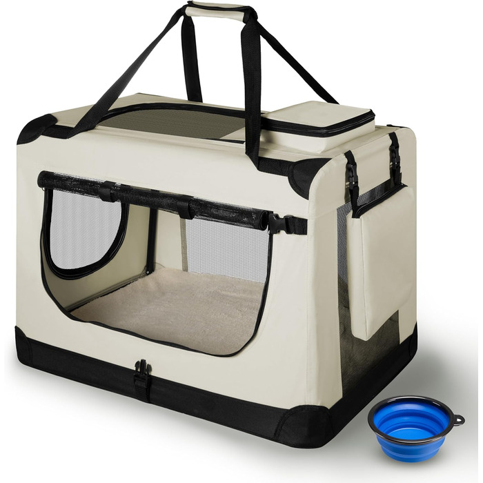 Juskys Foldable Dog Carrier Box - Portable Travel Cage for Dogs, Cats & Pets - Oxford Fabric, Includes Blanket, Bag & Handles - 34x50x36 cm