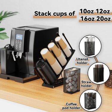 Ovicar Cup and Lid Holder – Adjustable Coffee Cup Holder, Organizer, 4 Compartments, Disposable Cup Dispenser with Coffee Capsule Straws, Storage Basket for Coffee Station, Bar, Countertop