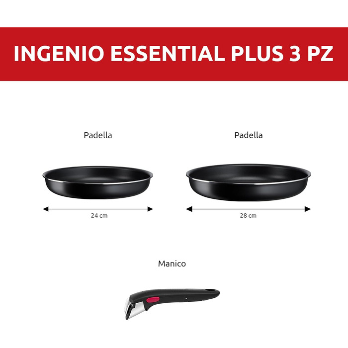 Набір антипригарних каструль і сковорід Lagostina Ingenio Essential Plus з алюмінію для газової плити та духовки, 3 предмети: сковорідки 24 і 28 см, знімна ручка