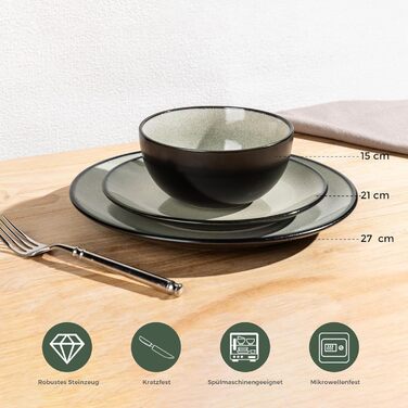 Набір посуду з каменю GBhome на 6 осіб (18 предметів), ручна робота, реактивна глазур, мікрохвильова та посудомийна машини, набір тарілок та мисок Desret Salbei