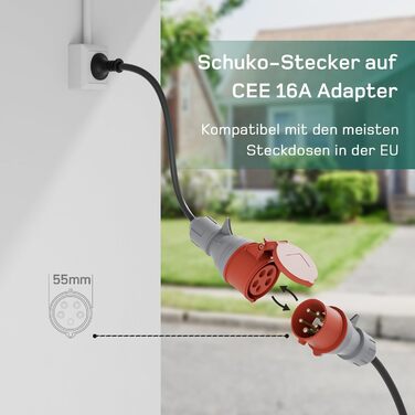 Зарядна станція для електромобілів Dé Mobile 11 кВт (6 м) з регулюванням потужності, кабель CEE 16A на Typ 2, сумісна з Model Y/3, ID.3/4/5, MG4, EX30, e-up, e-tron та BEV/PHEV