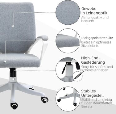 Офісний стіл Vinsetto: ергономічний крісло з підлокітниками, регульованою висотою та функцією гойдання, з тканини під льон, з м'яким сидінням, сірий та білий