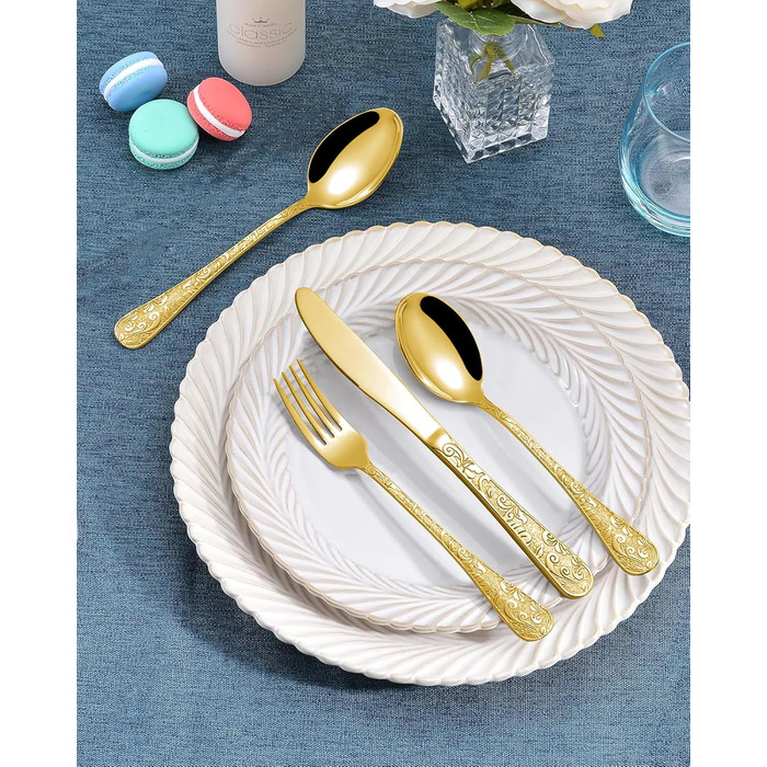 Набір столових приборів 24 предмети в золотистому вінтажному стилі для 6 осіб, нержавіюча сталь, з гравіюванням, високоякісне полірування