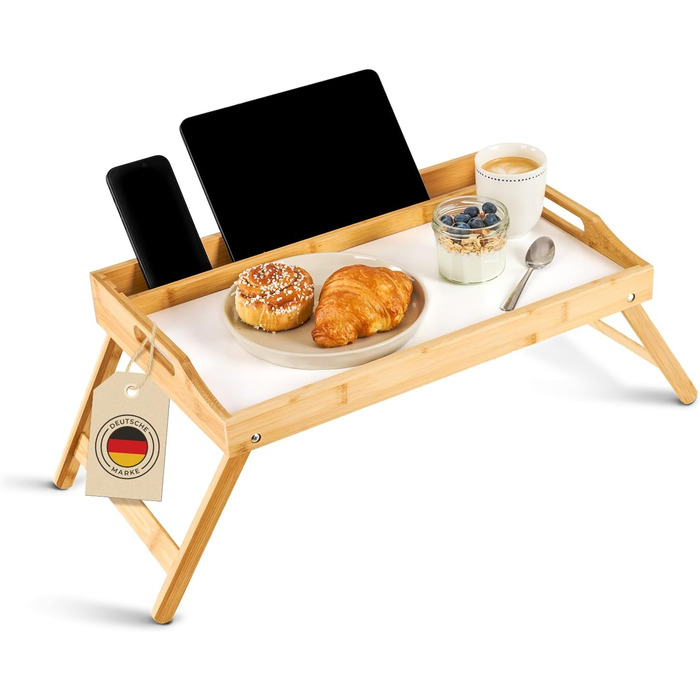 Бамбуковий приліжкові столики Blumtal з дерев'яною підпоркою для планшетів/телефонів - піднос для сніданку в ліжко - складаний приліжкові столики 50 x 30 x 6 см - сервірувальний піднос на ніжках - стійкий приліжкові столики (Білий)