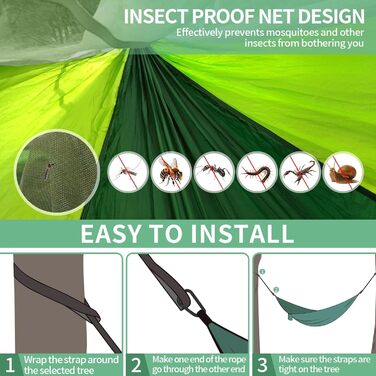 Гамак CIRULLI з москітною сіткою 260x140 см, вантажопідйомність 300 кг, парашутний нейлон, для кемпінгу, саду