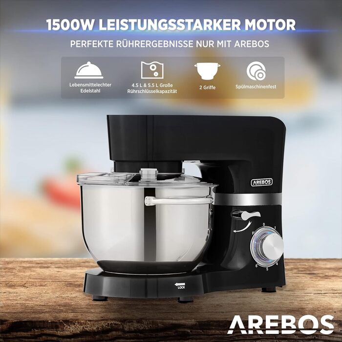 Кухонна машина Arebos 1500W з двома чашами з нержавіючої сталі (4.5L та 5.5L) | Кухонний міксер з набором насадок (мішалка, гак для тіста, вінчик) | 6 швидкостей, тиха робота, з кришкою
