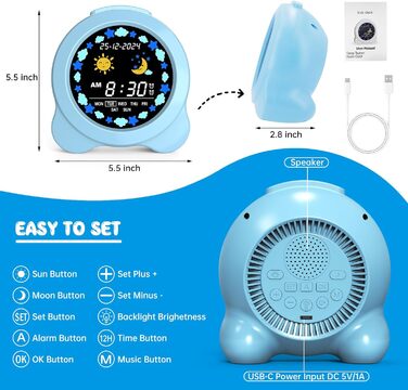 SENXINGYAN Kids Alarm Clock, Alarm Clock for Children with Sun & Moon LED Display, Day & Date Display, Sleep Trainer for Kids with Night Light & Sleep Sounds, Cute Alarm Clock for Kids Room