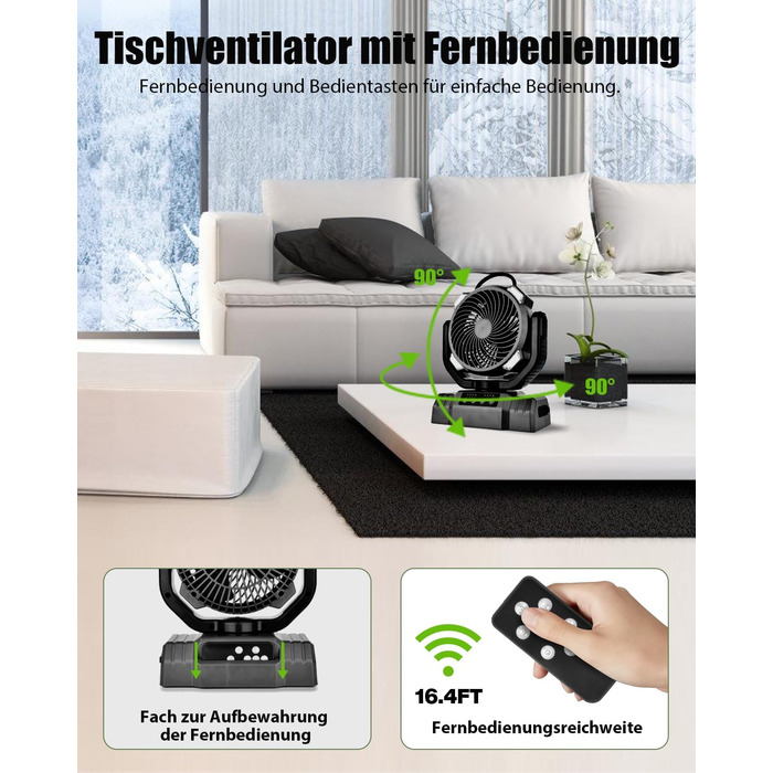 Портативний вентилятор для кемпінгу з акумулятором 10000mAh, LED-ліхтар, 270° обертання, USB-зарядка, для намету, відпочинку на природі, риболовлі, офісу (Чорний)