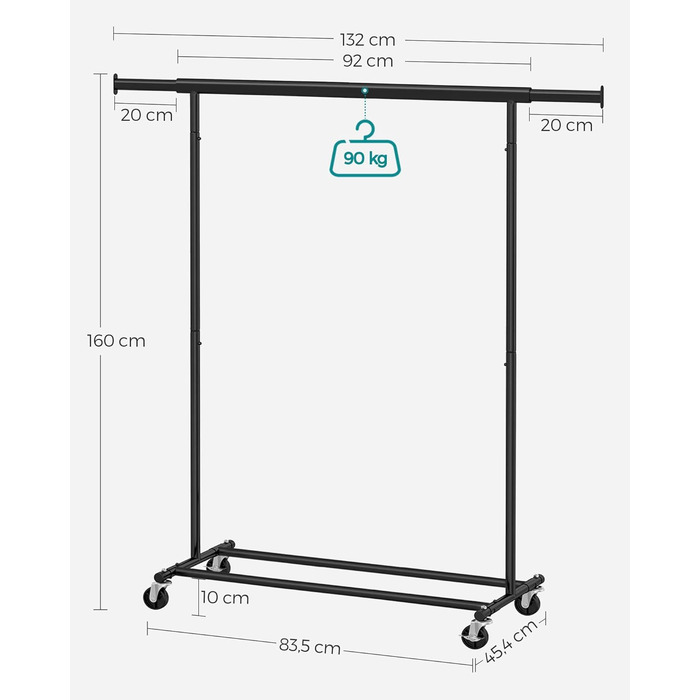 SONGMICS Heavy-Duty Clothes Rack, 2-Piece Set, Rolling Garment Rack, Holds up to 90 kg, with Extendable Closet Rod, Folding Base, Storage for Boxes, HSR013S02 (Black)