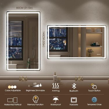 Дзеркало для ванної кімнати зі підсвічуванням STARLEAD 100x70 см з Bluetooth, антизапотівання, регулювання яскравості, 3 кольори світла, пам'ять, IP44, LED, горизонтальне/вертикальне, HD скло, Madrid Silver (M3015)