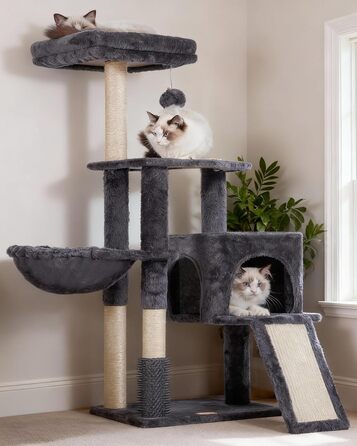 Котячий будиночок Heybly з котячою щіткою, котячий будиночок для домашніх котів з оббитою лежаком з плюшу, котячий когтетоп з кошиком, когтеточкою та когтетопом, сірий HCT005SG