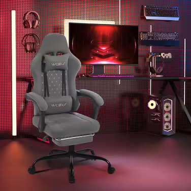 WOLTU Gaming Chair with Massage Function, Computer Chair with Pocket Spring Cushion, Ergonomic Gamer Recliner, Swivel Chair with Headrest, Lumbar Pillow, Footrest, 150 kg, Tech Fabric, Grey + Yellow, GS07gr Grey Tech Fabric