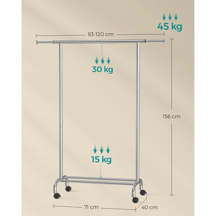 SONGMICS Clothes Rack with Wheels, Extendable Clothes Rod, Garment Rack Made of Steel Pipes, Elevated Storage Rod, 40 x (83-120) x 156 cm, Cloud White HSR134W01 (Silver)