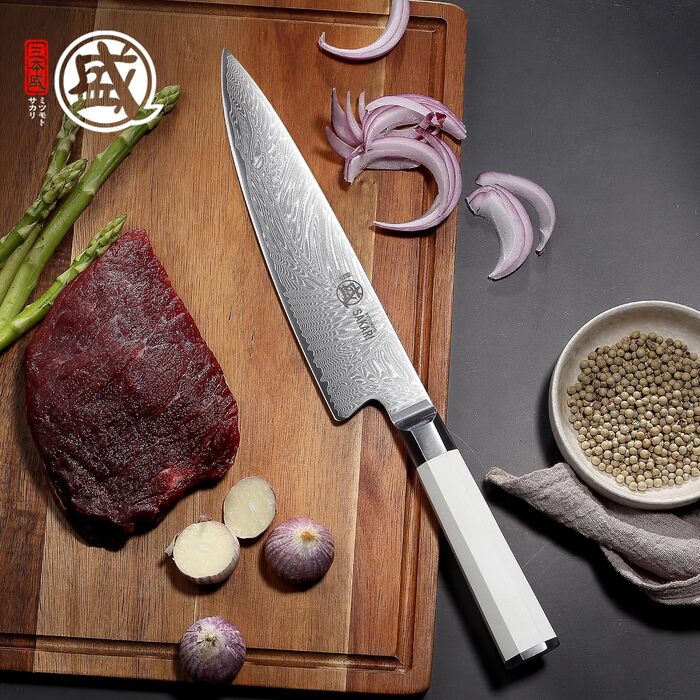 Японський кухонний ніж MITSUMOTO SAKARI Gyuto 20 см, порошковий сталь VG-Pro, біла ручка