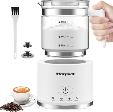 Morpilot Milk Frother Electric, 500ml 600W, 4-in-1 Milk Frother for Hot and Cold, Dishwasher Safe, Visual Glass, Latte Design, White
