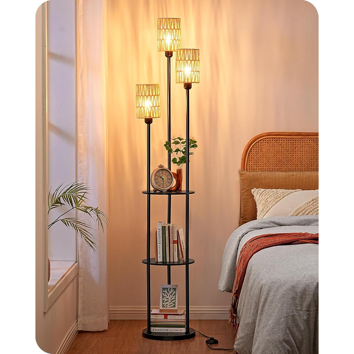 Стійка лампа EDISHINE для вітальні з трьома плафонами, вінтажний стиль, полиця, абажур з ротангу, 3 x E27, з лампочками, бохо-стиль, з вимикачем на ніжці, 178 см, чорний