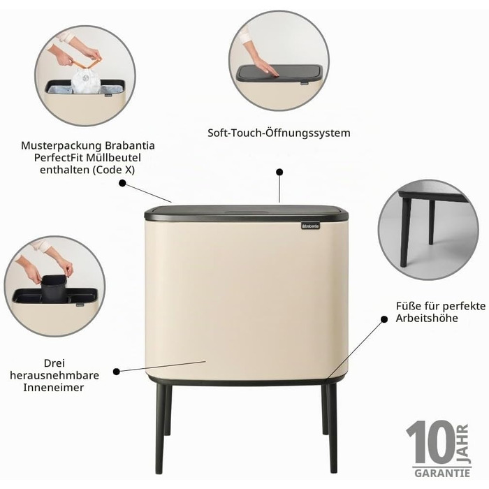 Сміттєвий відер Brabantia Bo Touch Bin на 36 л, металевий, білий, з 3 внутрішніми відрами по 11 л, 54 x 32 x 68 см