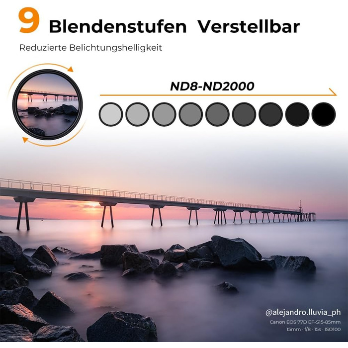 Фільтр ND K&F Concept Nano-D Serie 82mm, змінний (ND8-2000), 3-11 ступенів затемнення