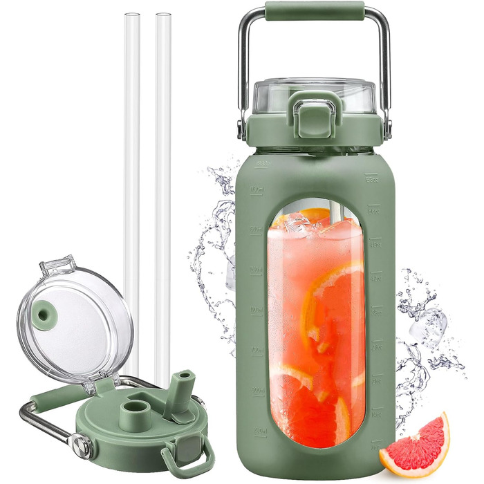 1.9L Glass Water Bottle, Glass Drinking Bottle with Straw and Stainless Steel Handle, Motivational Water Bottle with Silicone Sleeve and Time Marker, Water Pitch, (Olive2, 1900ML)
