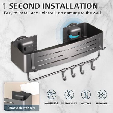 Набір з 2 полиць для душу Onemake з присосками, без свердління, сірого кольору. Дзеркальний кутовий органайзер для ванної кімнати з 6 гачками та рушником.