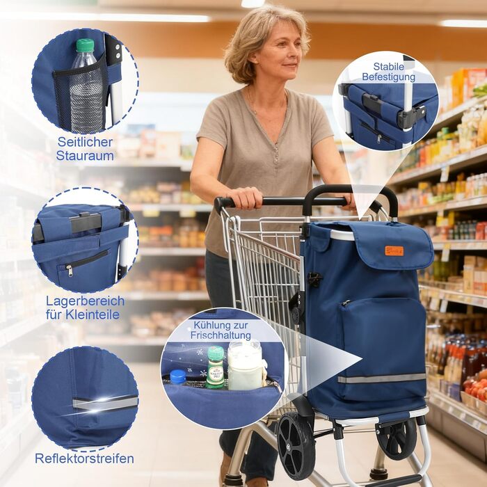 Тролей для покупок Sekey 60L, 3-в-1, складна, з алюмінію, регульована ручка, з відділенням для їжі та напоїв, великий, для покупок та кемпінгу (Блакитний)