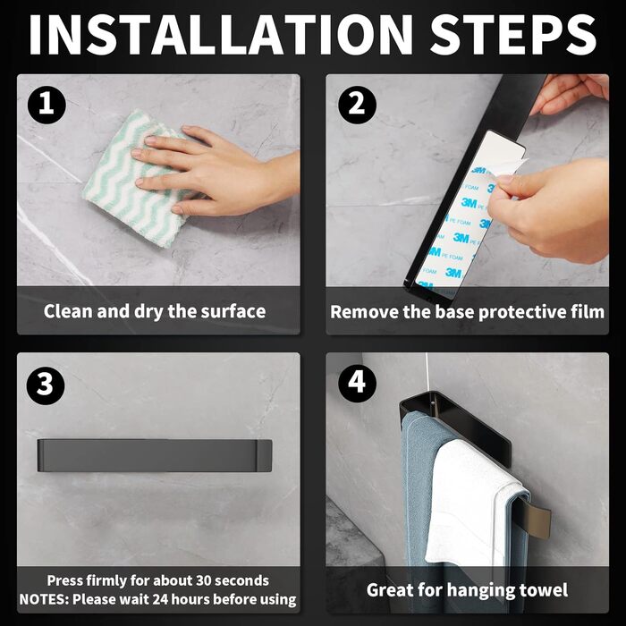 Тримач для рушників JS без свердління, стійкий, чорний, 25 см