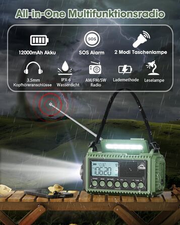 Радіоприймач Kurbelradio на 12000 mAh з ручним заводом, сонячною панеллю та SOS-сигналом. AM/FM/SW радіоприймач з USB-зарядкою, ліхтарик та світло для читання. Ідеально для кемпінгу, надзвичайних ситуацій та відключень електроенергії. Зелений колір.