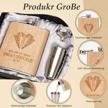 Персоналізований набір фляг 8oz з гравіюванням – фляга з нержавіючої сталі, 4 склянки, воронка & подарункова коробка для дружків, подарунок на весілля для чоловіків та жінок (колір дерева)