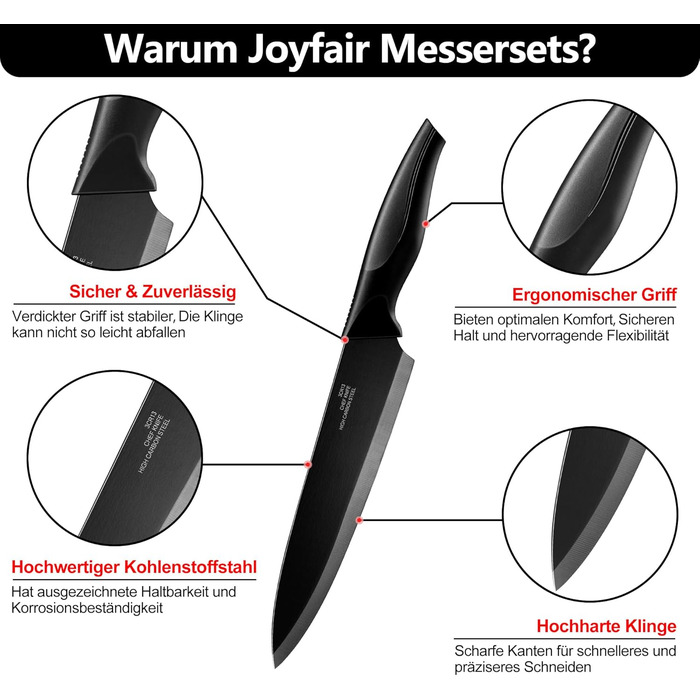 Набір ножів Joyfair 15 предметів з підставкою, з високоякісної нержавіючої сталі, з точильним каменем, кухонний набір з кухонним ножем, ножем для хліба, ножицями та ножами для нарізки та подрібнення, чорний
