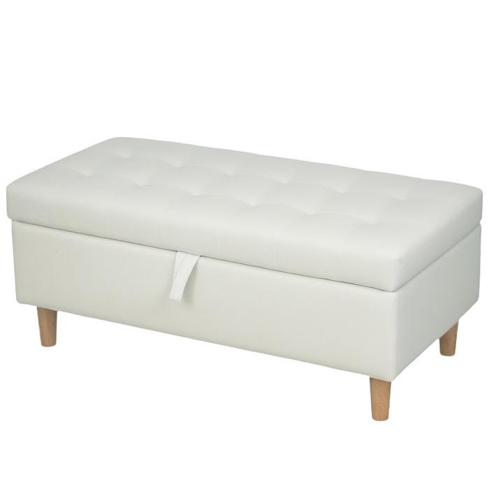 HOMCOM Upholstered Ottoman with Storage, Wooden Legs, Soft Fabric Cover, Cream White
