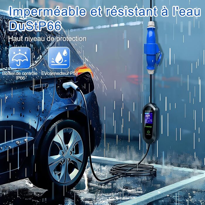 Мобільна зарядка для електромобіля 7kW CEE 32A, кабель Type 2, 5м, 1-фазна, 8-32A, з цифровим дисплеєм