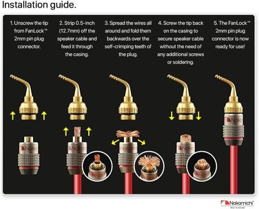 Бананові роз'єми Nakamichi FanLock Excel-Serie, 24K позолочені штекери 2мм для акустичних кабелів Hi-Fi, 10-18 AWG, 4мм, 4 шт (2 пари)